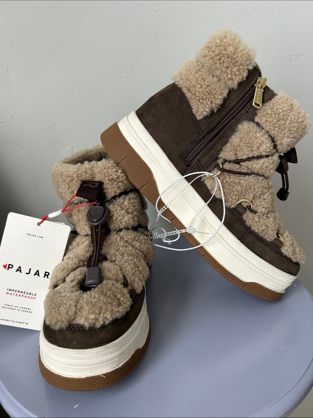 Pajar Women Dark Brown Taupe Janie 2.0 Shearling-Trim Winter Boots Sz 7